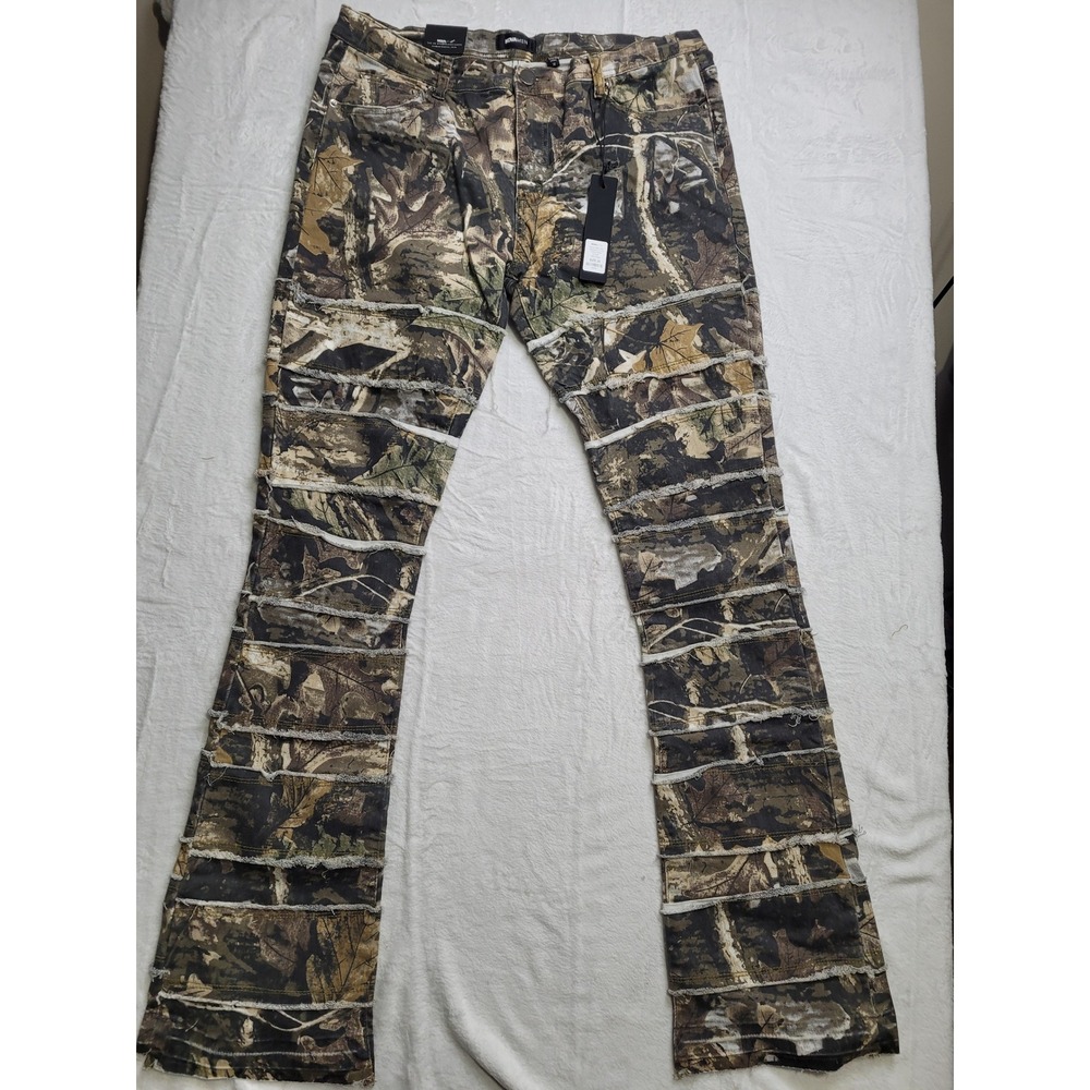 NWT Fashion Nova Men Stacked Skinny Flare Pants 36 Camo Frayed